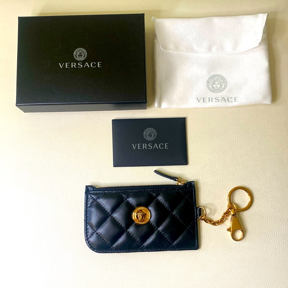 Versace La Medusa Black Vitello keychain card holder wallet charm New Unused